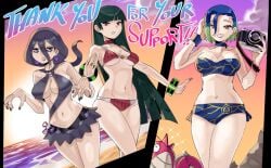 3girls alternate_costume bags_under_eyes bare_shoulders beach bikini bikini_skirt black_bikini black_hair black_nails black_skirt blue_bikini blue_choker blue_hair blunt_bangs blunt_ends bob_cut bracelet breasts brown_eyes camera choker cleavage cloud colored_tips commission corphish cowboy_shot earrings fingernails from_below frown gen_3_pokemon ghost_pose gold_ring gradient_hair gradient_sky green_hair grin hair_between_eyes half-closed_eyes hand_in_own_hair hand_up hands_up hex_maniac hex_maniac_(z-a) hime_cut holding holding_camera jewelry large_breasts lipstick long_hair looking_at_viewer makeup medium_breasts medium_hair microskirt multicolored_hair multiple_girls nail_polish navel nintendo o-ring o-ring_bikini ocean orange_sky outdoors outstretched_hand parted_lips perrin_(pokemon) pokemon pokemon_(creature) pokemon_hgss pokemon_legends:_z-a pokemon_lgpe pokemon_sv purple_sky red_bikini red_choker red_eyes red_lips ring sabrina_(pokemon) short_hair single_bang skirt sky smile sparkle sphere_earrings straight_hair strapless strapless_bikini sun sunset swimsuit thank_you two-tone_hair underboob wanderjegson water wristband