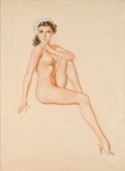 50's_theme alberto_vargas crayon graphite_(artwork) pinup pinup_pose watercolor