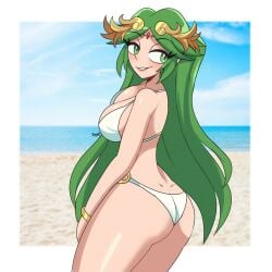 1girls ass beach big_ass big_breasts big_butt big_thighs bikini bracelet breasts butt cleavage eyebrows_visible_through_hair female female_only green_eyes green_hair half-closed_eyes kid_icarus laurel_crown light-skinned_female light_skin lips long_hair nintendo palutena regentb01 sideboob solo swimsuit thick thick_ass thick_butt thick_hips thick_thighs very_long_hair white_bikini wide_hips