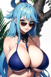 1girls ai_generated anime anime_style aqua_(konosuba) aqua_eyes aqua_hair bare_shoulders belly_button big_breasts bikini bikini_top bikini_top_only bra breast_rest breasts breasts_bigger_than_head brown-tinted_eyewear clavicle close-up collarbone detailed from_front_position front_view horny hourglass_figure huge_breasts kono_subarashii_sekai_ni_shukufuku_wo! large_breasts long_hair looking_at_viewer looking_over_eyewear looking_over_glasses looking_over_sunglasses midriff portrait round_breasts seducing seduction seductive seductive_body seductive_eyes seductive_look seductive_mouth seductive_smile shiny shiny_breasts shiny_clothes shiny_hair shiny_skin sideboob simple_background skin sky4maleja smile smiley_face strapless sunglasses tinted_eyewear underboob underwear upper_body very_long_hair