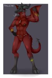 2016 3_eyes absurd_res accessory ankle_band anthro areola biped border breasts claws cross demon demon_dragon dragon female flexing flexing_bicep flexing_muscles genitals hand_on_hip hi_res hooves horn inverted_cross jewelry looking_at_viewer maxner12 mazapan medium_breasts multi_eye mythological_creature mythological_scalie mythology navel necklace nipple_piercing nipples nude open_mouth piercing pussy red_body sabbatha scalie simple_background smile solo tail teeth tongue tongue_out waist_accessory white_border white_eyes wings wristband