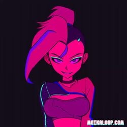 1girls animated biting_lip black_background bouncing_breasts breasts choker clothed dancing earrings eyeshadow female female_only looking_at_viewer loop moika moikaloop neon no_sound original original_character pink_hair plain_background ponytail purple_eyes purple_hair seductive seductive_look seductive_smile side_shave smile solo tubetop two_tone_hair video