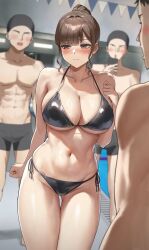 1girl3boys anteiru3939 background_character background_characters bikini brown_eyes brown_hair clenched_hand embarrassed fit_female hair_bun hand_on_breast huge_breasts looking_away looking_down mmmf_foursome muscular_male no_eyes nose_blush original original_character shiny_skin surrounded swimming_pool swimming_trunks taking_picture thighs