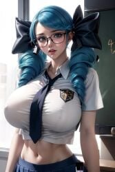 ai_generated anime anime_style arms belly_button big_breasts blue_eyes blue_hair board breast_rest breasts breasts breasts breasts_bigger_than_head cute detailed expressionless female female_focus female_only from_front_position from_side glasses gwen_(league_of_legends) hair hair_ribbon hands-free hd hd_(traditional) horny horny_female hourglass_figure huge_breasts large_breasts league_of_legends light light-skinned_female light_blue_hair light_body lighting lips lipstick looking_at_viewer medium_hair midriff miniskirt navel neck nose open_mouth riot_games round_breasts school_girl school_uniform schoolgirl schoolgirl_uniform seducing seduction seductive seductive_body seductive_look simple_background sky4maleja slim_girl slim_waist student table teeth tie tight_clothes tight_clothing toned_belly toned_stomach upper_body waist watermark window younger_female