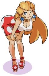1girls alternate_breast_size bending_over bent_over blonde_hair blue_earrings blue_eyes breasts cleavage clothed clothes clothing colored dress earrings eyebrows eyelashes female female_only full_body hair high_heels human human_only leaning_forward lipstick long_hair looking_at_viewer makeup mario_(series) mushroom necklace nintendo one_eye_closed pale_skin pink_lipstick princess princess_peach red_shoes royal royalty shadow shoes short_skirt simple_background skirt smile solo splashbrush standing thick_thighs very_long_hair white_background wide_hips wink