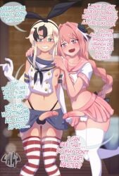 2boys astolfo_(fate) astolfo_(sailor_paladin)_(fate) ball_bulge blonde_hair blonde_wig blue_eyes blush bunny_ears cosplay dialogue english_text fate/grand_order fate_(series) femboy fujimaru_ritsuka_(male) girly hornygraphite kantai_collection long_hair looking_at_viewer male male_only penis penis_out penis_out_of_underwear pink_eyes pink_hair school_uniform shimakaze_(kantai_collection)_(cosplay) skirt smiling speech_bubble striped_thighhighs thighhighs thong white_thighhighs wig