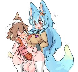 1boy 1futa animal_ears animal_genitalia balls blue_hair blush bottomless bottomless_futanari bottomless_male breasts canine_penis chaiko_(artist) chaiko_(chaikodog) clothed clothing commission commissioner_upload cum_drip duo erection femboy full-package_futanari futa_is_bigger futanari hanmu0w0 head_pat huge_cock huge_testicles humanoid humanoid_penis kemonomimi knot light-skinned_futanari light-skinned_male light_skin long_hair male partially_clothed penis penis_size_difference standing white_legwear