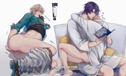 2boys anal_fingering aqua_shirt ass aventurine_(honkai:_star_rail) bare_legs bathrobe black_footwear black_gloves black_shirt blonde_hair blue_hair bottomless brown_male_underwear clothes_lift clothes_pull commentary cosmetics couch dr._ratio_(honkai:_star_rail) fingering from_below glove_in_mouth gloves honkai:_star_rail honkai_(series) hug lying male_focus male_masturbation male_only male_underwear male_underwear_pull masturbation minoru_(minoru_uwutemp) mouth_hold multiple_boys on_side pants pants_pull pillow reading shirt shirt_lift short_hair sitting sitting_on_lap sitting_on_person sleeves_past_elbows testicles two-tone_shirt underwear white_bathrobe white_pants yaoi