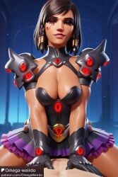 1girl1boy ai_generated big_breasts black_hair corrupted corruption dark_magical_girl egyptian evil_smile eye_markings female gloves hair_ornament magical_girl omega-weirdo overwatch overwatch_2 patreon pharah red_eyes shoulder_pads skirt straddling