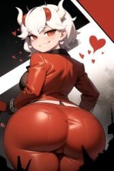 1demon 1girls ai_generated ass ass_focus beelzebub_(helltaker) big_ass big_butt daidouji_(artist) daidoujipv demon demon_girl female helltaker looking_at_viewer red_eyes short_hair solo thick_thighs thighs white_hair