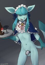 absurd_res anthro anthro_only balls biped blue_body blush chastity_cage chastity_device eeveelution femboy gay generation_4_pokemon genitals glaceon hi_res male male_only navel nintendo open_mouth open_smile pokemon pokemon_(species) sealer4258 sealer_(sealer4258) smile solo tail