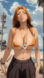 2dpocketgirls ai_generated animated animated_gif beach big_breasts bikini bikini_top bleach blue_sky blush bouncing_breasts dance dancer dancing female female_focus female_only matsumoto_rangiku orange_eyes orange_hair