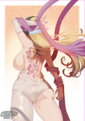 1girls 2024 angewomon arm_behind_head artist_name ass back back_tattoo bandai_namco big_breasts blonde_hair cheesoart digimon digimon_(species) female female_only hi_res long_hair mole mole_on_ass rear_view solo tattoo thick_thighs