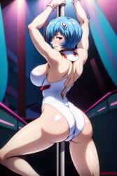 1girls ai_generated arm_up ass back_view bare_arms big_ass big_breasts blue_hair bob_cut bodysuit breasts leotard looking_back neon_genesis_evangelion plugsuit pole_dancing red_eyes rei_ayanami self_upload short_hair smiling stable_diffusion stripper striptease teenager thick_ass thick_thighs unclego