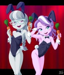 2girls bunny_ears bunny_girl bunny_tail bunnysuit carrot diamond_tiara_(mlp) equestria_girls holding_object looking_at_viewer my_little_pony only_female silver_spoon_(mlp) small_breasts smile uotapo
