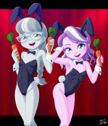 2girls bunny_ears bunny_girl bunny_tail bunnysuit carrot diamond_tiara_(mlp) equestria_girls female female_only holding_object looking_at_viewer my_little_pony silver_spoon_(mlp) small_breasts smile uotapo