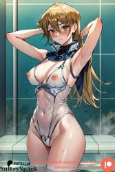 ai_generated alexis_rhodes alone artist_name asuka_tenjoin blonde_hair breasts cameltoe commission female female_only looking_at_viewer nipples patreon patreon_username solo sultryspark swimming_pool yu-gi-oh!