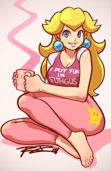 1girls barefoot big_lips blonde_hair blue_eyes cleavage clothes_writing clothing colored cup earrings feet female female_only fully_clothed lips long_hair mario_(series) negarobo nintendo pajamas pale_skin pants pink_pants princess_peach robaato shirt simple_background sitting smile smiling solo solo_female steam text toes