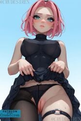 1girls ai_generated ai_generated_background ai_upscaled big_breasts crudesiren female female_only green_eyes human naruto naruto_(series) nipples no_panties pink_hair puffy_nipples pussy sakura_haruno see-through see-through_clothing sideless_outfit solo stockings