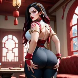 1girls ai_generated ass ass_focus ass_grab black_hair butt_grab clothed clothing dat_ass female from_behind from_behind_position indoors jewelry katarina_du_couteau league_of_legends light-skinned_female light_skin looking_at_viewer looking_back lunar_new_year lunar_revel_series pants pantylines riot_games shirt solo solo_female solo_focus warring_kingdoms_katarina white_skin