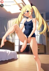 1futa ai_generated balls bedroom big_penis blonde_hair blue_eyes blush clothing cock erection foreskin frontwing futanari grisaia_(series) grisaia_no_kajitsu huge_cock indoors leg_up light-skinned_futanari light_skin looking_at_viewer matsushima_michiru penis roxygtf small_breasts smile solo standing swimsuit twintails