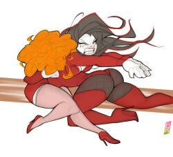 2girls ass big_hair black_hair boots business_suit catfight clenched_teeth closed_eyes curly_hair derivative_work elbow_gloves fight fishnet_legwear full_body ginger high_heel_boots high_heels orange_hair powerpuff_girls red_boots red_footwear sara_bellum sara_bellum_(cosplay) sedusa sedusa_(cosplay) simple_background skirt_suit tackle thigh_boots tomphelippe white_background white_skin