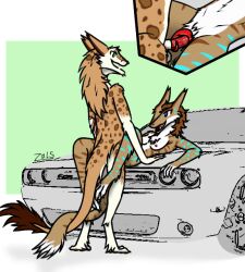 animal_genitalia animal_penis anthro blue_eyes bodily_fluids brown_hair car clitoral_hood duo female fur genital_fluids genitals green_eyes hair male male/female markings penis pussy sergal sex_on_car spots spotted_body spotted_fur striped_body striped_fur stripes vaginal_fluids vehicle zalivkustsyganili