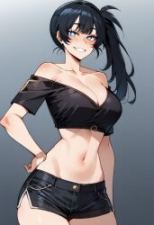 1girls ai_generated bare_arms bare_legs bare_shoulders bare_thighs big_breasts black_hair blue_eyes blush clothed clothing color female female_focus female_only hi_res large_breasts light-skinned_female light_skin long_hair original_character ponytail santaclausai solo solo_female tagme thick_thighs