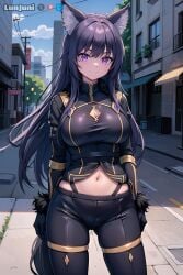 1girls ai_generated big_breasts black_hair blush breasts city cute dark_hair delta_(the_eminence_in_shadow) detailed eyebrows_visible_through_hair fangs female female_only front_view gloves hair_between_eyes highres kage_no_jitsuryokusha_ni_naritakute! large_breasts light-skinned_female light_skin long_hair looking_at_viewer lunjuni outdoors pants shirt smile solo stable_diffusion standing tagme tail the_eminence_in_shadow thick_thighs violet_eyes watermark wolf_girl