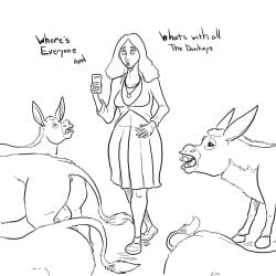 5boys black_and_white checking_phone clothed confused_look curly_hair dialogue donkey dragon-storm female long_hair medium_breasts pre_transformation