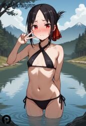 ai_generated arm_behind_back ass_visible_through_thighs bangs bare_arms bare_shoulders bikini black_bikini black_hair blue_sky blush breasts closed_mouth cloud collarbone cowboy_shot criss-cross_halter day embarrassed female folded_ponytail forest groin hair_ribbon halterneck hand_up kaguya-sama_wa_kokurasetai_~tensai-tachi_no_renai_zunousen~ lake looking_at_viewer mountain mountainous_horizon nature navel nose_blush outdoors parted_bangs pikkiwynn red_eyes red_ribbon ribbon shinomiya_kaguya short_hair side-tie_bikini_bottom sidelocks sky small_breasts solo standing stomach swimsuit tree v v_over_eye wading water wavy_mouth wet