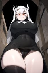 1demon 1girls ai_generated beelzebub_(helltaker) big_breasts breasts daidouji_(artist) daidoujipv demon_girl female helltaker looking_down looking_up nun nun_hat nun_outfit red_eyes solo thighs upskirt white_hair