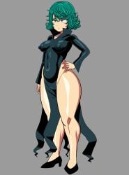 1girls amazon_(taitaitaira) black_dress breasts curly_hair curvy curvy_body female female_only green_eyes green_hair grey_background medium_breasts nipple_bulge nipple_outline nipples no_bra no_panties one-punch_man shadow solo tatsumaki thick thick_body thick_thighs tight_clothing tight_fit