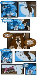 absurd_res all_fours anal anal_fingering anthro anus ass blue_body blue_fur blue_hair bodily_fluids bottomwear brown_eyes brown_hair butt_grab canid canine canis clothing cobalt_(tatsuchan18) collar collar_ring comic cuffs_(clothing) english_text fingering fox fur genital_fluids genitals green_eyes hair hand_on_butt hi_res hybrid kneeling licking male mammal metal_collar pants penis penis_squeeze sex spade_(tatsuchan18) spades_(suit) speech_bubble suit_symbol tatsuchan18 text tongue wolf