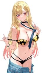 1girls blonde_hair blush breasts choker cleavage ear_piercing earrings gyaru human kitagawa_marin looking_at_viewer necktie red_eyes skirt skirt_down solo sono_bisque_doll_wa_koi_wo_suru strap_pull swimwear