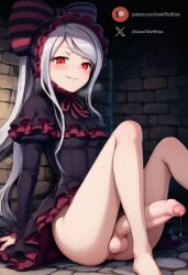 1futa ai_generated anus balls big_penis blush clothed cock erection foreskin futa_only futanari huge_cock indoors light-skinned_futanari light_skin long_hair looking_at_viewer overlord_(maruyama) penis precum red_eyes roxygtf shalltear_bloodfallen sitting small_breasts smug solo white_hair