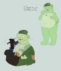 fat fat_belly fat_fetish fat_man fat_thighs flippy flippy_(htf) fliqpy fliqpy_(htf) fluff flustered flustered_male furry groping groping_breasts kneading kneading_breast man_boobs military_uniform moobs oc oc_x_canon purring scars sniffing