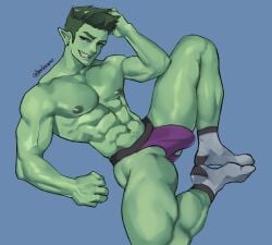 bara beast_boy big_bulge bulge dc dc_comics flaccid garfield_logan green_body green_hair green_skin jockstrap male male_nipples male_only muscular_male nipples penis_outline solo solo_male teen_titans thombrownie underwear