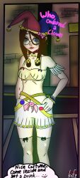 blue_eyes bralette brown_hair clown clown_costume clown_girl clown_hat clown_makeup girly glasses sad shorts teasing