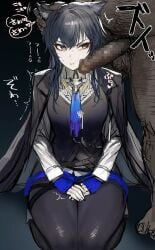 1boy absurdres anger_vein animal_ear_fluff animal_ears arknights blue_gloves censored clenched_teeth clothed_female_nude_male female gloves hand_on_another's_ear hands_on_own_thighs highres jacket jacket_on_shoulders kneeling mosaic_censoring nude penis penis_on_face solo_focus soystar spoken_anger_vein straight teeth texas_(arknights) trembling ugly_bastard v-shaped_eyebrows wolf_ears