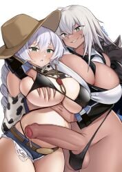 1futa 1girls arm_over_shoulder azur_lane big_penis black_bikini black_panties censored cow_print dark-skinned_futanari dark_skin duo erection erotanuki fargo_(azur_lane) female futa_on_female futa_wife futanari groping groping_breasts hand_on_another's_stomach height_difference highleg_panties hotpants human indiana_(azur_lane) interracial large_breasts large_penis light-skinned_female light_skin mosaic_censoring nude pregnant pregnant_female ready_to_pop tanned_futa testicles uncut white_girl white_hair