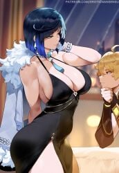 1boy 1girls aether_(genshin_impact) ai_assisted ai_generated artist_name bedroom_eyes belly big_ass big_breasts blonde_hair blue_hair blunt_ends bob_cut brown_eyes cleavage closed_eyes curvy diagonal_bangs dice dress earrings erotic_nansensu genshin_impact gradient_hair green_eyes hand_in_hair hand_up jacket_on_shoulders jewelry large_breasts looking_at_another looking_at_breasts mole_on_breast necklace overcoat patreon_username posing revealing_clothes seducing seduction seductive seductive_eyes seductive_gaze seductive_look seductive_pose seductive_smile side_slit sideboob smile staring_at_breasts tassel wide_hips yelan_(genshin_impact)