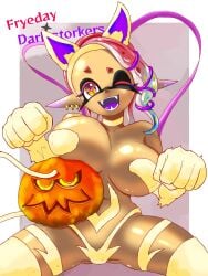 1girls big_breasts breasts cat_ears dark-skinned_female ear_piercing fangs frye_(splatoon) halloween_costume microskirt open_mouth pointy_ears purple_fingers purple_hair purple_mouth short_skirt skirt splatoon splatoon_3 t2ukmyjm thighs two-tone_hair yellow_eyes yellow_hair