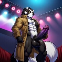 1boy 1male ai_generated animatronic animatronic_male anthro badger biceps big_balls big_penis black_fur blake_the_badger european_badger fazbear_fanverse five_nights_at_freddy's frosting.ai furry furry_male furry_only gay gay_male jacket jacket_open male male_focus male_only mammal muscular muscular_male musk musk_clouds nude nude_male popgoes solo_male sugar1989 sweat sweatdrop yellow_eyes