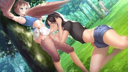 1futa 1girls 2boys absurdres black_hair black_shirt blue_eyes blue_hair blue_shorts blue_tank_top blush breasts brown_hair bush calum_(existence) completely_nude covering_mouth english_commentary erection existence feathered_wings feathers fellatio female female_penetrated female_penetrating futa_on_male futa_with_male futanari game_cg green_eyes hair_between_eyes harpy highres kari_(existence) kneeling lamia looking_at_another male maledom malesub midriff miniskirt monster_girl multicolored_hair multiple_boys multiple_girls naga nature nude oral otoko_no_ko outdoors precum public scenery shirt streaked_hair sunlight tank_top tree unbuttoned_shorts uosaasou white_skirt wings