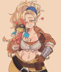 1girls ac_hunter big_breasts blonde_hair breasts busty cleavage curvaceous curvy curvy_body curvy_female curvy_figure female freckles gemma_(monster_hunter_wilds) huge_breasts midriff monster_hunter_wilds one_eye_closed plushie voluptuous