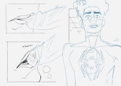 blush exhaling kbmon line_art looking_at_partner male_only marvel miguel_o'hara miles_morales penis_in_mouth spider-man spider-man:_across_the_spider-verse spider-man_2099 sweatdrop yaoi