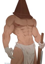 abs alternate_version_available apron buggg gloves helmet male male_only muscular muscular_male painting_(artwork) pecs pyramid_head ricebug side_slit silent_hill silent_hill_2 solo topless topless_male veins veiny_muscles waist_apron weapon white_gloves