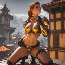 ai_generated armor bra braided_hair brigitte female gear ginger kneeling overwatch overwatch_2 red_hair