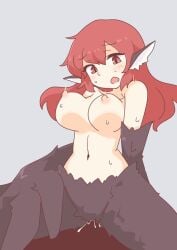 1boy animal_ears big_o_pants bird_ears bird_legs black_feathers black_wings blush cowgirl_position feathers female fio-chan_(big_o_pants) grey_background hair_between_eyes harpy highres long_hair monster_girl navel nipples nude open_mouth original pov red_eyes red_hair sex simple_background straddling winged_arms wings